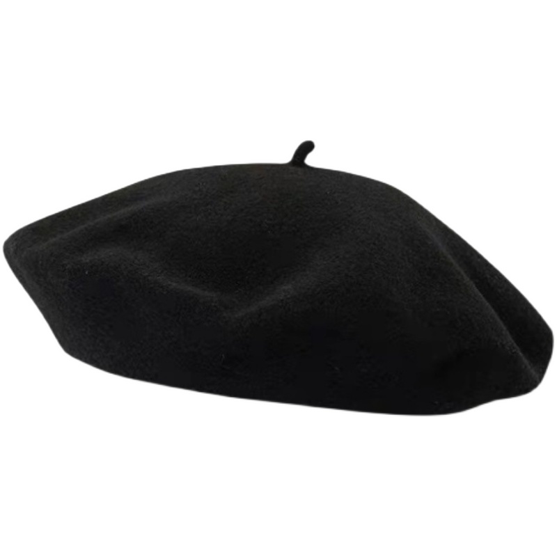 Beret French Wool - 女性用クラシックウールベレー帽、無地、フレンチスタイル、トップノット付き、厚手で暖かい、ヴィンテージ、秋冬用ベレー帽。