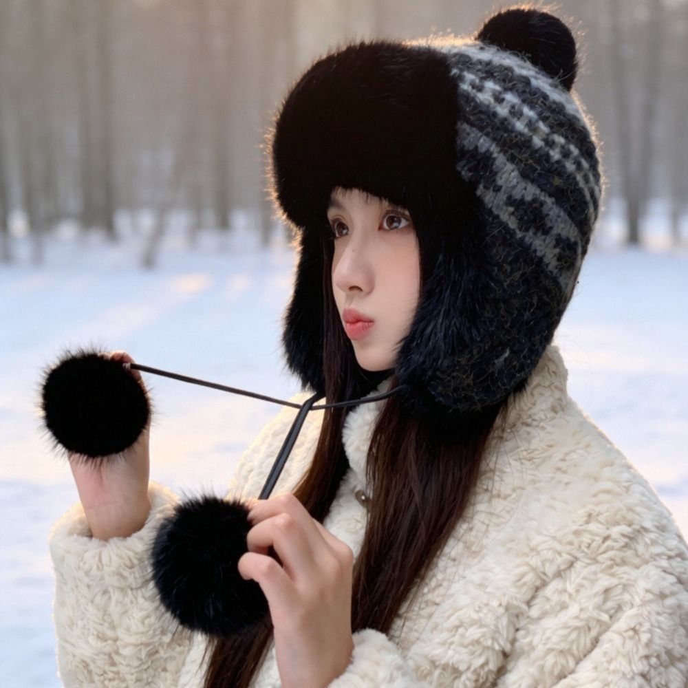 Trapper Hat Ear Flap - スタイリッシュなポリエステル製ニットトラッパーハット ポンポン付き 頭囲55-58cm フェアアイル柄 イヤーフラップハット ウシャンカハット