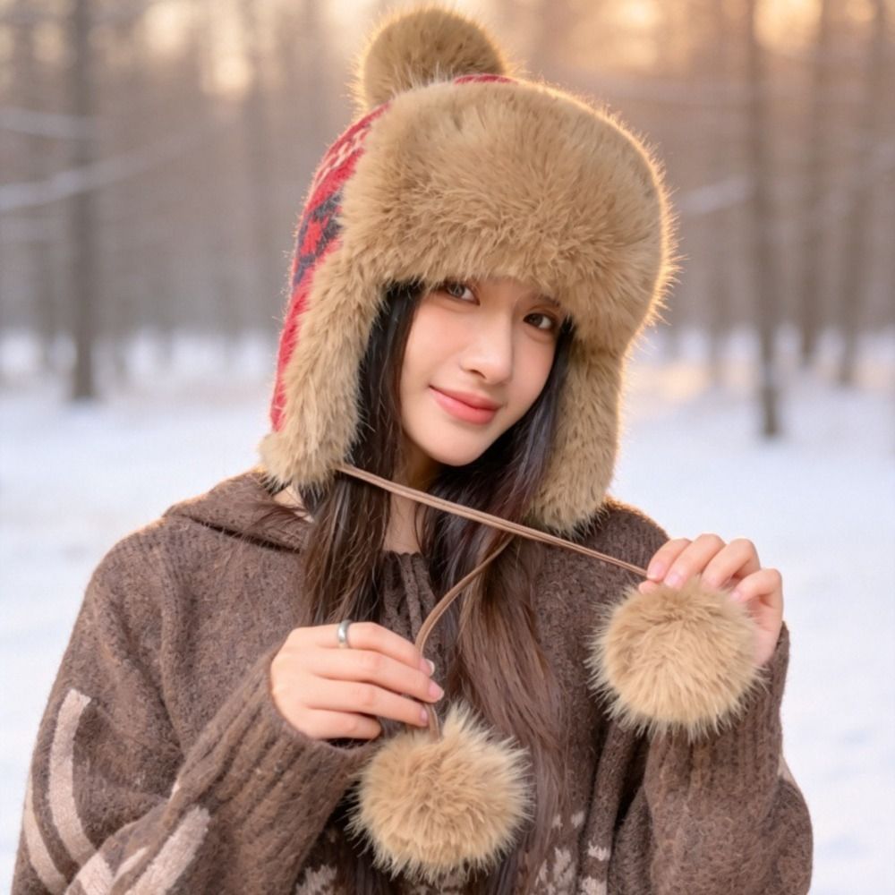 Trapper Hat Ear Flap - スタイリッシュなポリエステル製ニットトラッパーハット ポンポン付き 頭囲55-58cm ウシャンカハット フェアアイル柄 イヤーフラップハット