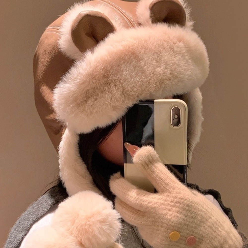 Trapper Hat Ear Flap - 居心地の良いフェイクレザーのクマ耳トラッパーハット、耳当て付き防風冬用暖かいポンポン付き帽子、防寒ウシャンカハット（女性用）
