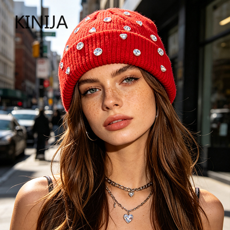 冬用ニット女性用ビーニーハット ラインストーン装飾 カフ付き - Beanie Cuffed Knit のレビューと価格